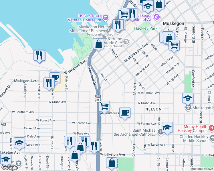 map of restaurants, bars, coffee shops, grocery stores, and more near 632 Houston Avenue in Muskegon