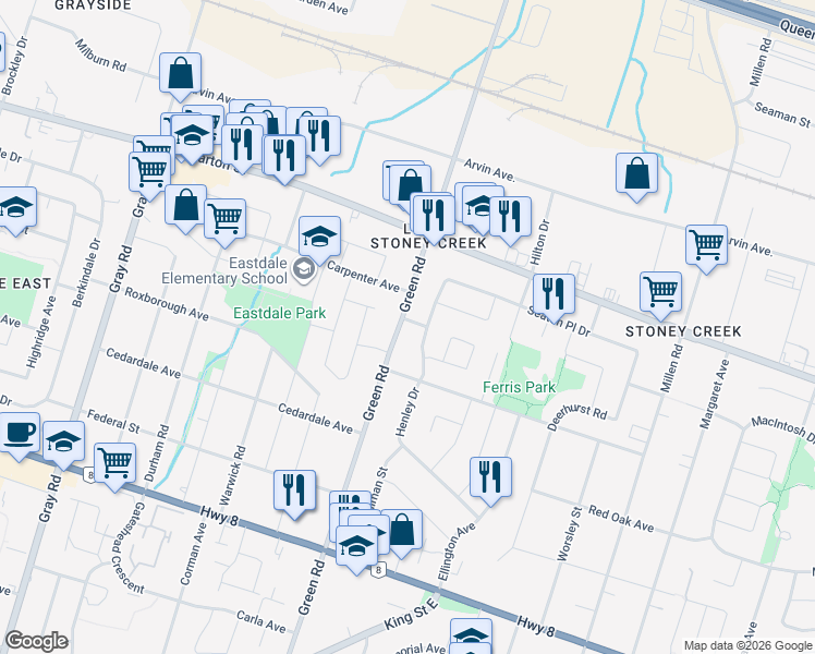 map of restaurants, bars, coffee shops, grocery stores, and more near 268 Green Road in Hamilton