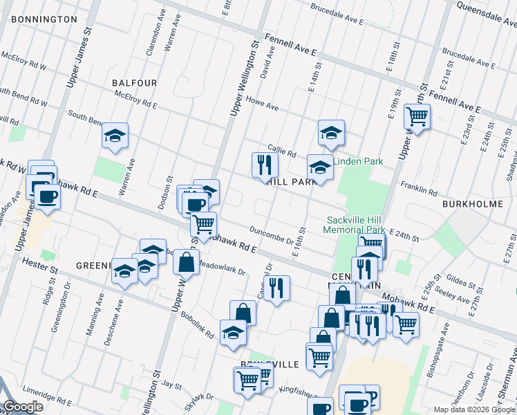 map of restaurants, bars, coffee shops, grocery stores, and more near 27 Delevan Crescent in Hamilton