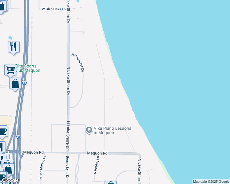 map of restaurants, bars, coffee shops, grocery stores, and more near 11444 North Shorecliff Lane in Mequon
