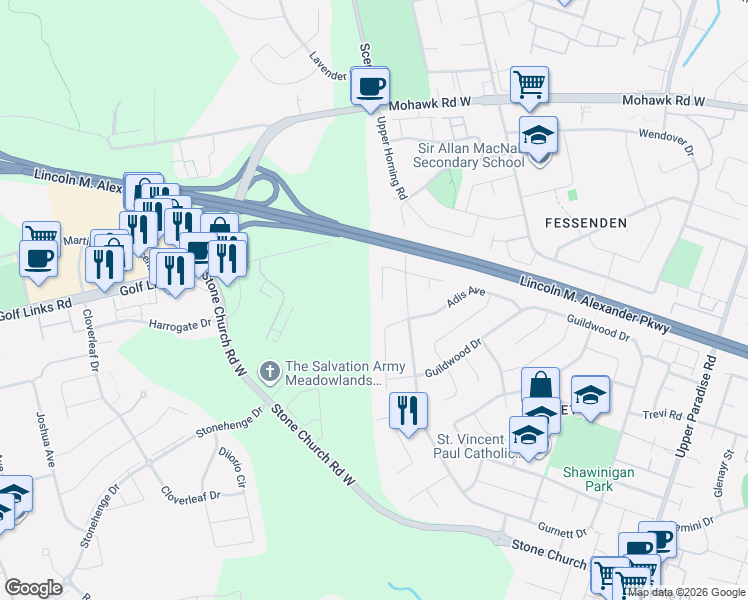 map of restaurants, bars, coffee shops, grocery stores, and more near 52 Elena Court in Hamilton