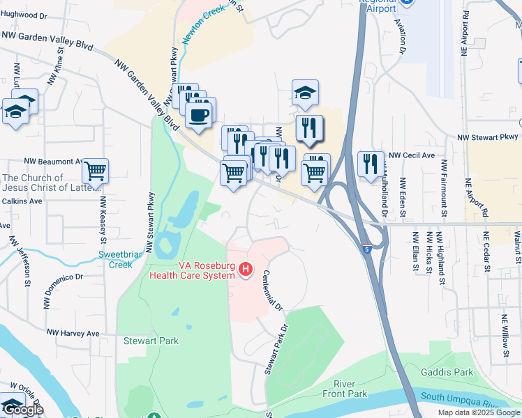 map of restaurants, bars, coffee shops, grocery stores, and more near 1401 Northwest Veterans Way in Roseburg