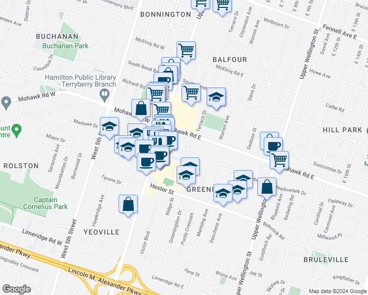 map of restaurants, bars, coffee shops, grocery stores, and more near 24 Hayden Street in Hamilton
