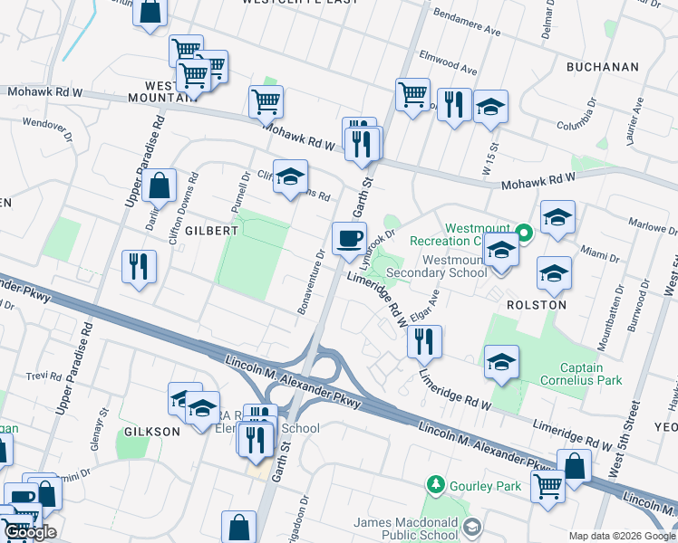 map of restaurants, bars, coffee shops, grocery stores, and more near in Hamilton