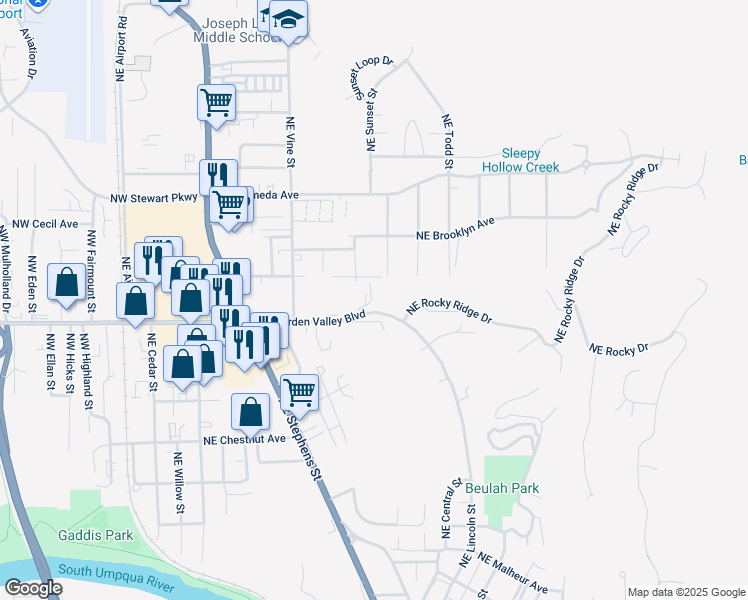 map of restaurants, bars, coffee shops, grocery stores, and more near 831 Northeast Garden Valley Boulevard in Roseburg