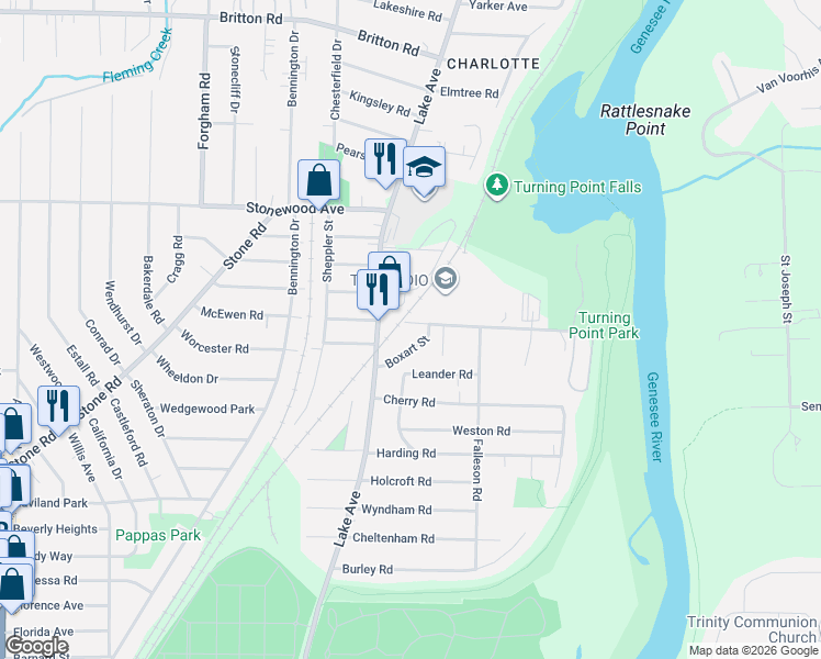 map of restaurants, bars, coffee shops, grocery stores, and more near 52-150 Boxart Street in Rochester