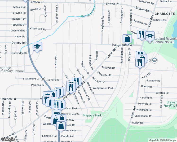 map of restaurants, bars, coffee shops, grocery stores, and more near 262 Stone Road in Rochester
