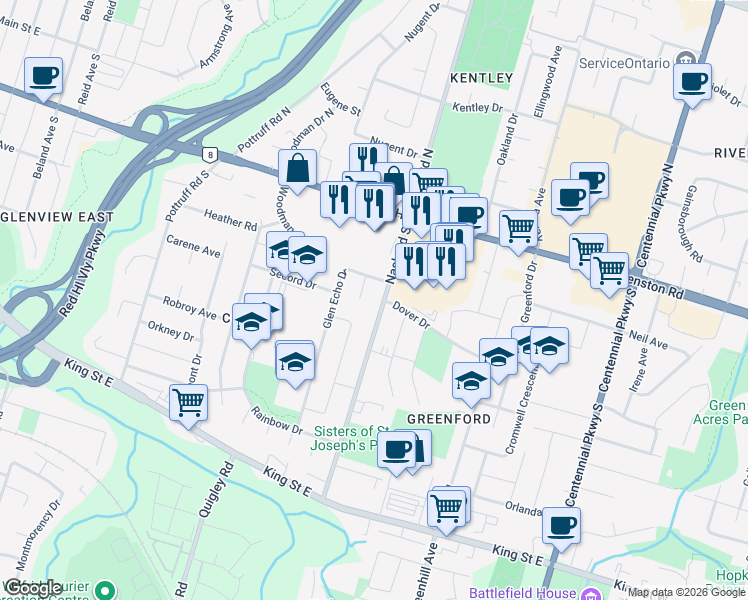 map of restaurants, bars, coffee shops, grocery stores, and more near 25 Empire Court in Hamilton