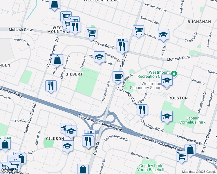 map of restaurants, bars, coffee shops, grocery stores, and more near 467 Limeridge Road West in Hamilton