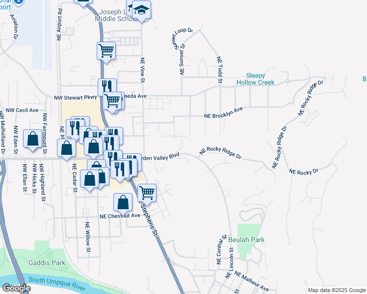 map of restaurants, bars, coffee shops, grocery stores, and more near 885 Northeast Sunset Street in Roseburg