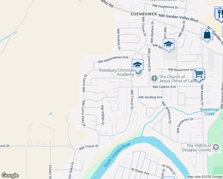 map of restaurants, bars, coffee shops, grocery stores, and more near 1560 NW Grove St in Roseburg