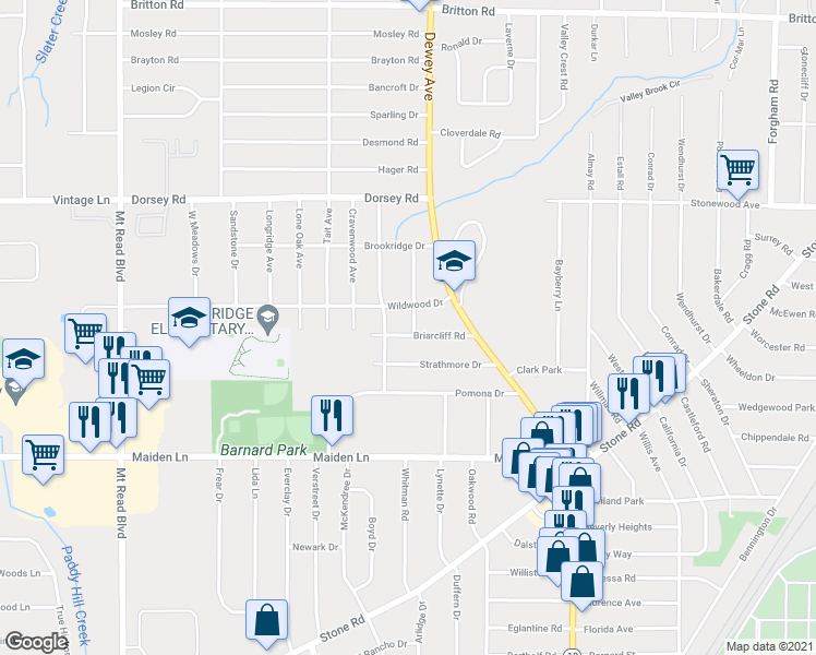 map of restaurants, bars, coffee shops, grocery stores, and more near 4 Veness Avenue in Rochester