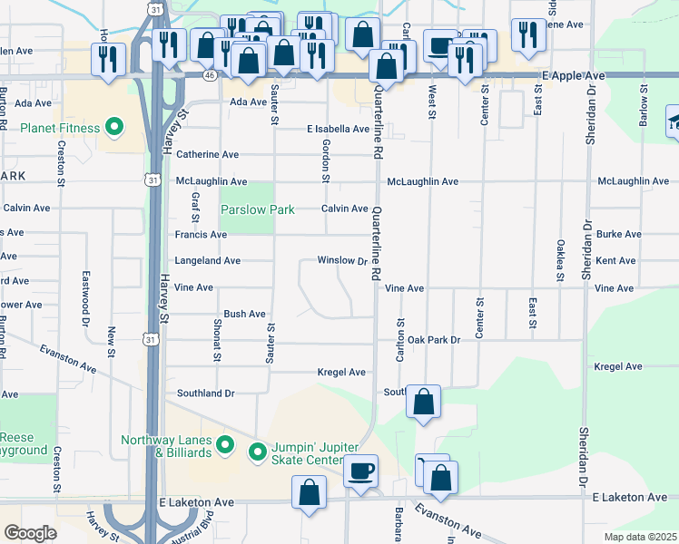 map of restaurants, bars, coffee shops, grocery stores, and more near 1356 Mosedale Avenue in Muskegon