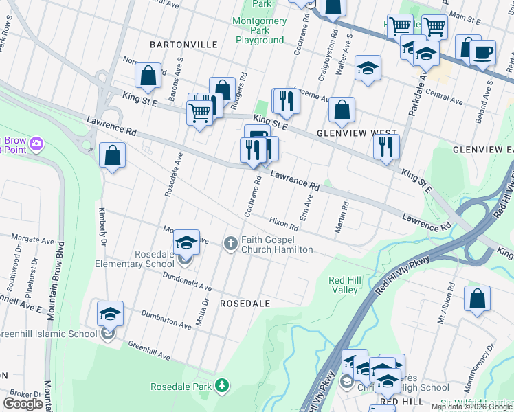 map of restaurants, bars, coffee shops, grocery stores, and more near 439 1/2 Cochrane Road in Hamilton