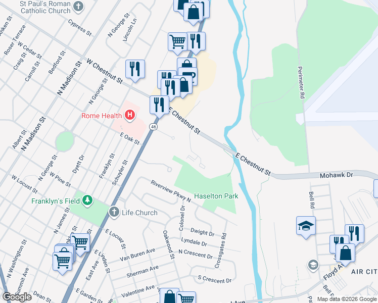 map of restaurants, bars, coffee shops, grocery stores, and more near 126 Urbandale Parkway in Rome