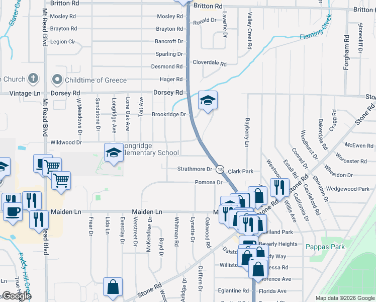 map of restaurants, bars, coffee shops, grocery stores, and more near 85 Briarcliff Road in Rochester