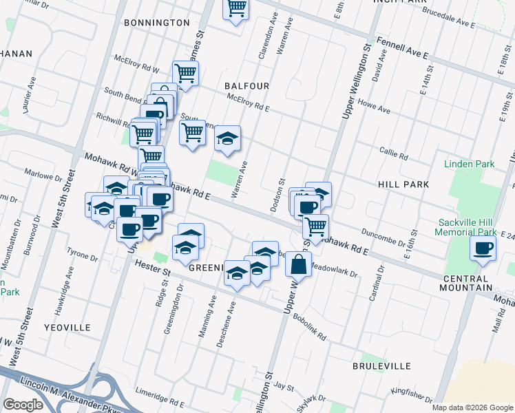 map of restaurants, bars, coffee shops, grocery stores, and more near 116 Mohawk Road East in Hamilton