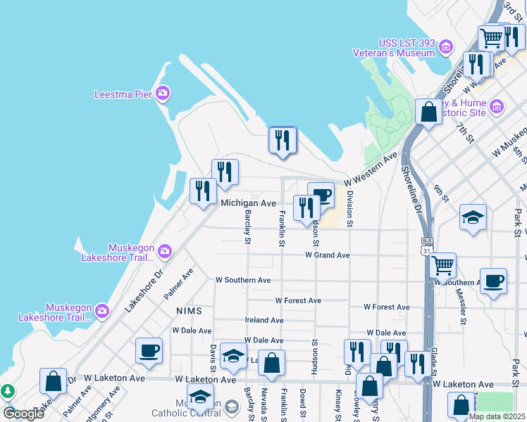 map of restaurants, bars, coffee shops, grocery stores, and more near 1072 Washington Avenue in Muskegon