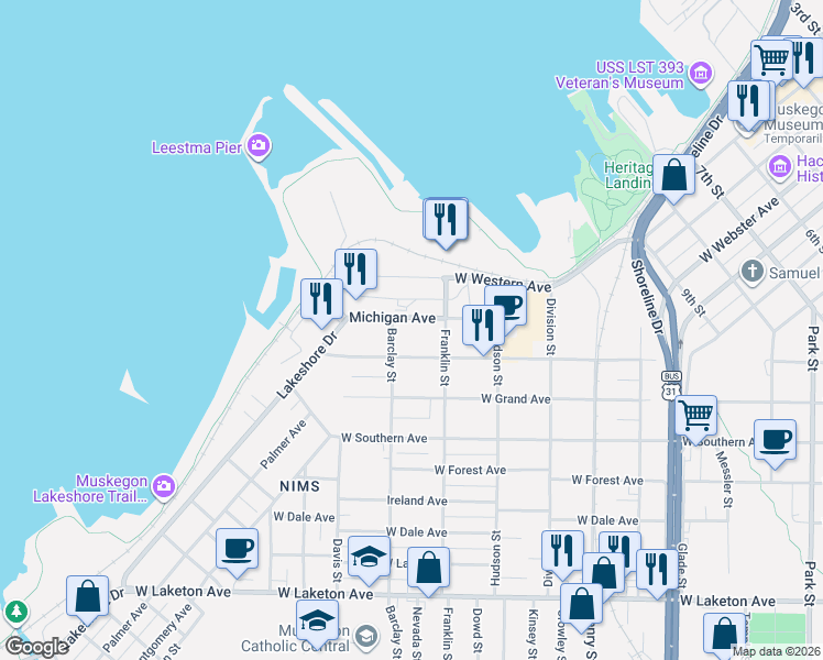 map of restaurants, bars, coffee shops, grocery stores, and more near 1072 Washington Avenue in Muskegon