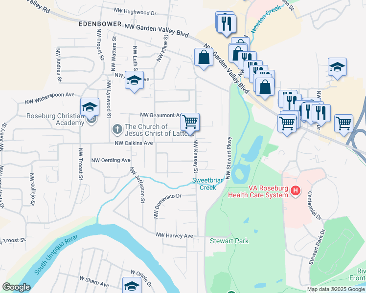 map of restaurants, bars, coffee shops, grocery stores, and more near 1569 Northwest Calkins Avenue in Roseburg