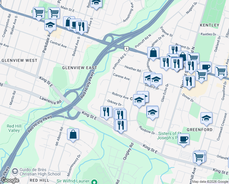 map of restaurants, bars, coffee shops, grocery stores, and more near 1 Bryant Court in Hamilton