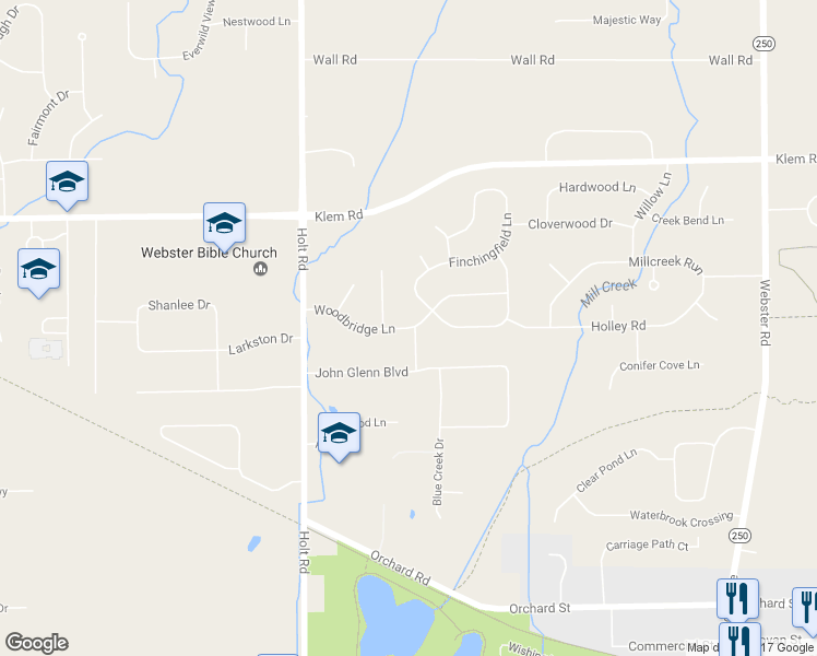 map of restaurants, bars, coffee shops, grocery stores, and more near 1144 Woodbridge Lane in Webster