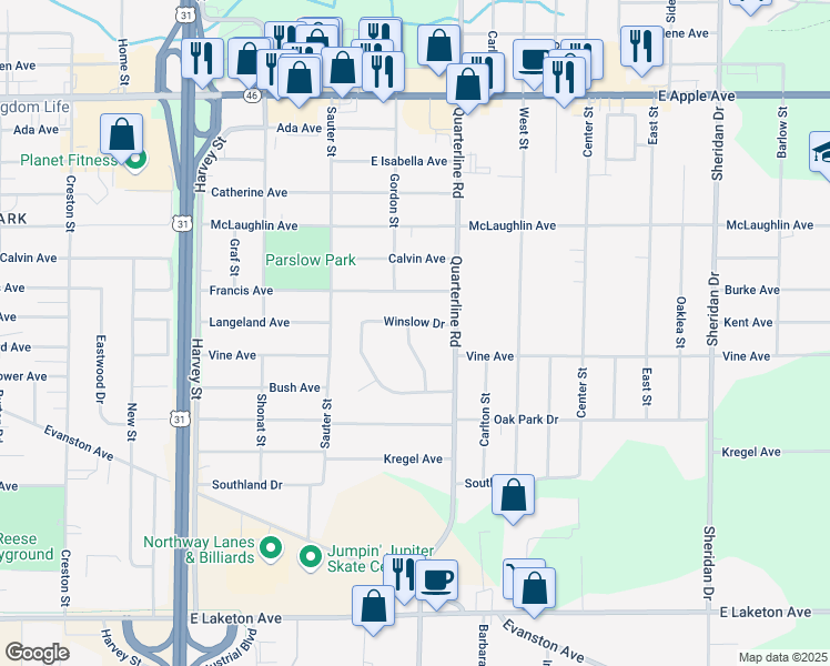 map of restaurants, bars, coffee shops, grocery stores, and more near 1356 Mosedale Avenue in Muskegon