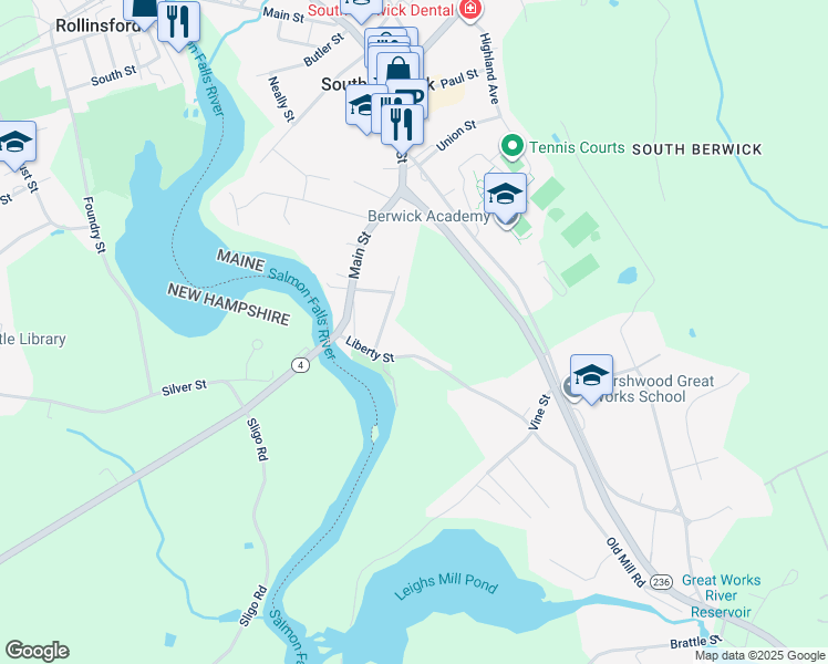 map of restaurants, bars, coffee shops, grocery stores, and more near 13 Liberty Street in South Berwick