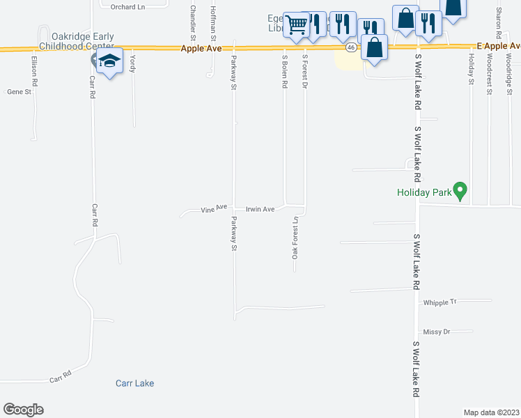 map of restaurants, bars, coffee shops, grocery stores, and more near 5055 Irwin Avenue in Muskegon