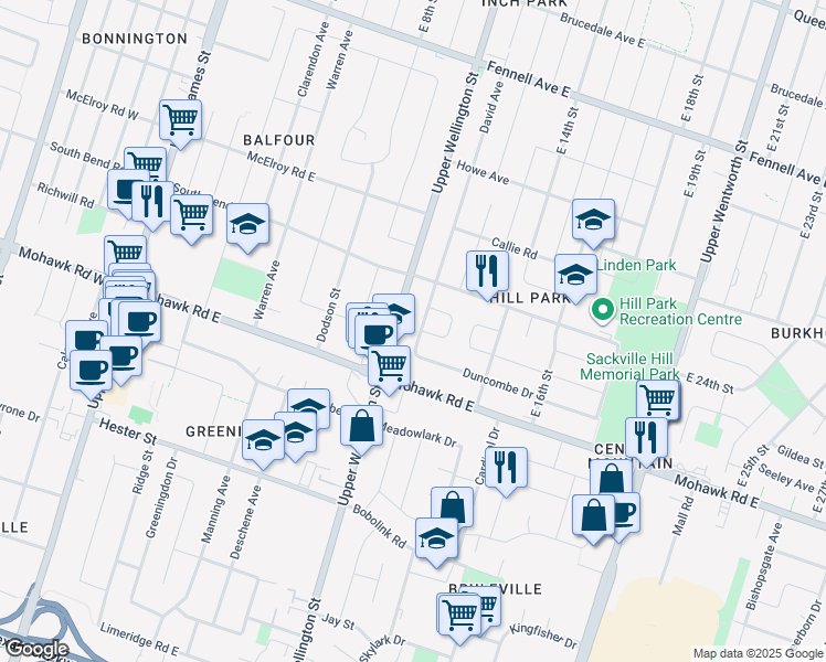 map of restaurants, bars, coffee shops, grocery stores, and more near 180 David Avenue in Hamilton