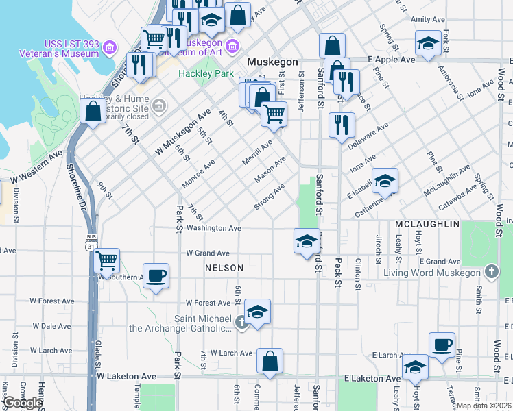 map of restaurants, bars, coffee shops, grocery stores, and more near 1359 5th Street in Muskegon