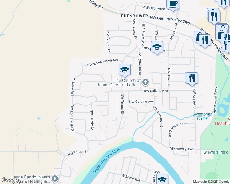 map of restaurants, bars, coffee shops, grocery stores, and more near 1523 Northwest Grove Lane in Roseburg