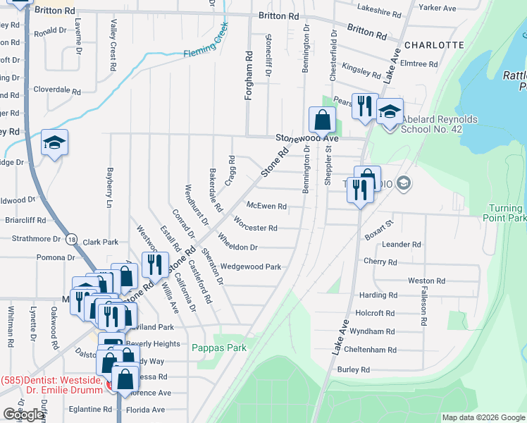 map of restaurants, bars, coffee shops, grocery stores, and more near 82 Worcester Road in Rochester