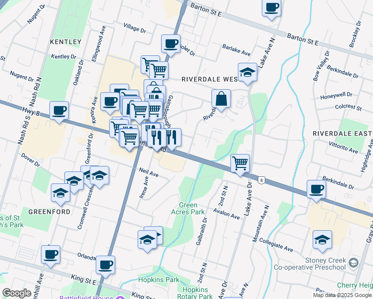 map of restaurants, bars, coffee shops, grocery stores, and more near in Hamilton