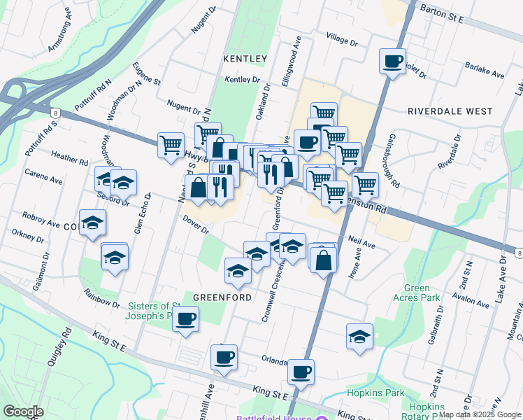 map of restaurants, bars, coffee shops, grocery stores, and more near in Hamilton