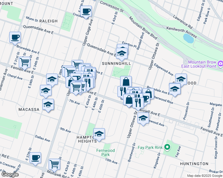 map of restaurants, bars, coffee shops, grocery stores, and more near 48 Cloke Court in Hamilton
