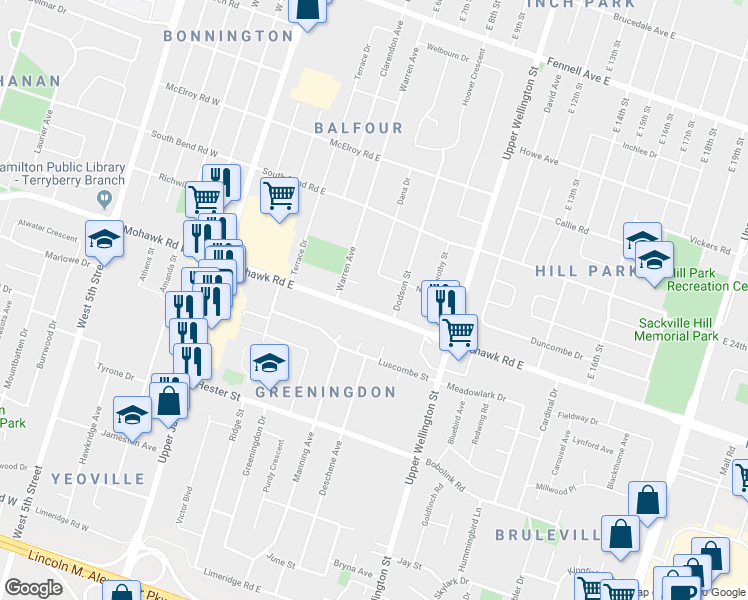 map of restaurants, bars, coffee shops, grocery stores, and more near 116 Mohawk Road East in Hamilton