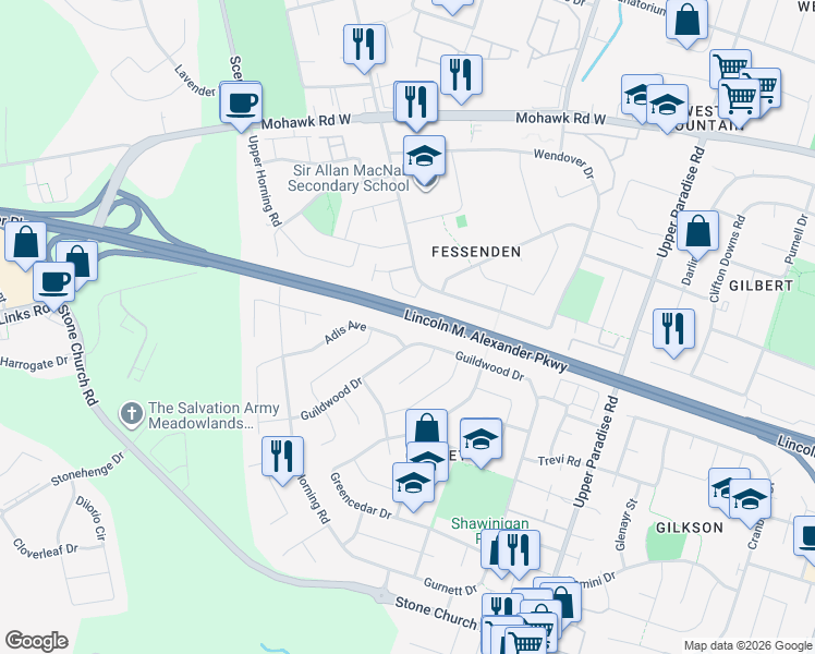 map of restaurants, bars, coffee shops, grocery stores, and more near 195 Guildwood Drive in Hamilton