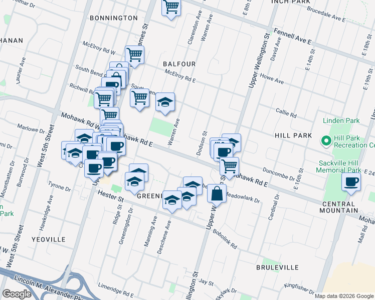 map of restaurants, bars, coffee shops, grocery stores, and more near 116 Mohawk Road East in Hamilton