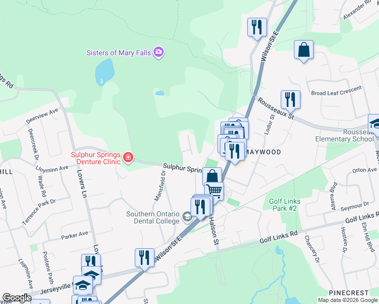 map of restaurants, bars, coffee shops, grocery stores, and more near 63 Sulphur Springs Road in Hamilton
