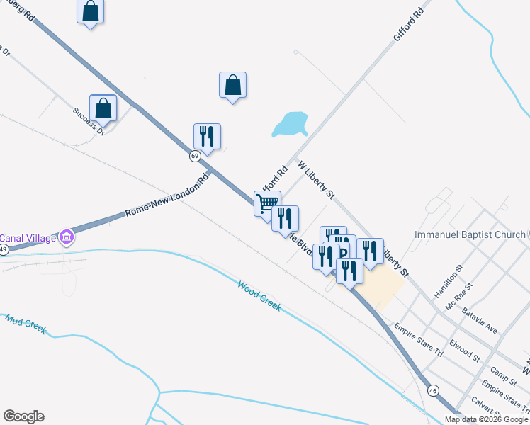 map of restaurants, bars, coffee shops, grocery stores, and more near 5722 Highway 46 in Rome