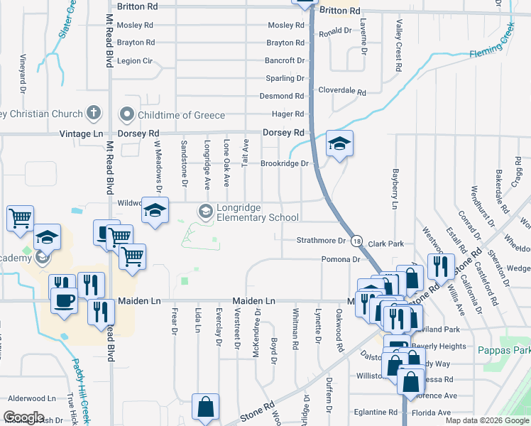 map of restaurants, bars, coffee shops, grocery stores, and more near 189 Cravenwood Avenue in Rochester