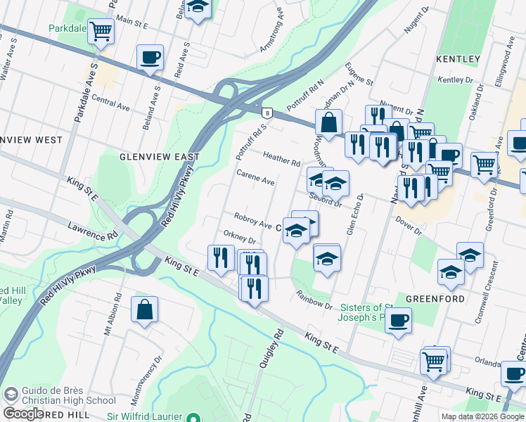 map of restaurants, bars, coffee shops, grocery stores, and more near 42 Gailmont Drive in Hamilton