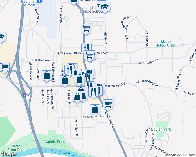 map of restaurants, bars, coffee shops, grocery stores, and more near 1481 Northeast Stephens Street in Roseburg