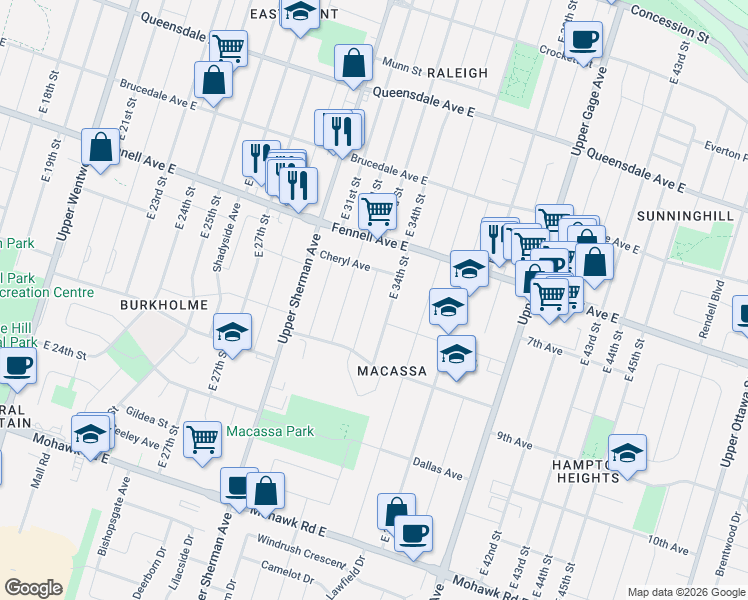 map of restaurants, bars, coffee shops, grocery stores, and more near 303 East 33rd Street in Hamilton
