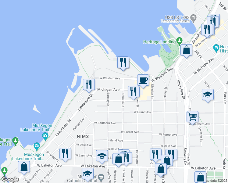 map of restaurants, bars, coffee shops, grocery stores, and more near 1089 Michigan Avenue in Muskegon