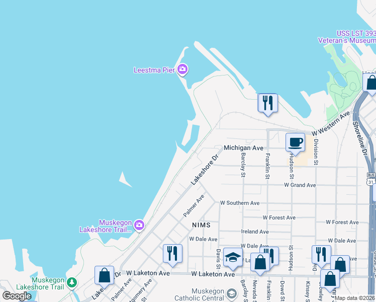 map of restaurants, bars, coffee shops, grocery stores, and more near 1406 Lakeshore Court in Muskegon