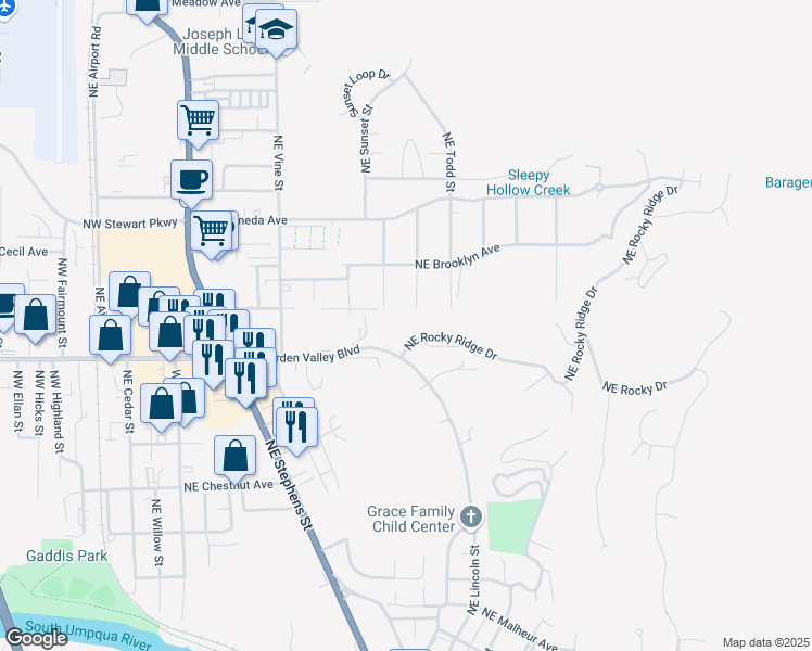 map of restaurants, bars, coffee shops, grocery stores, and more near 1400 Northeast Rocky Ridge Drive in Roseburg