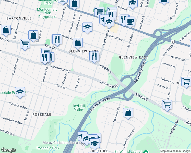 map of restaurants, bars, coffee shops, grocery stores, and more near 345 Parkdale Avenue South in Hamilton