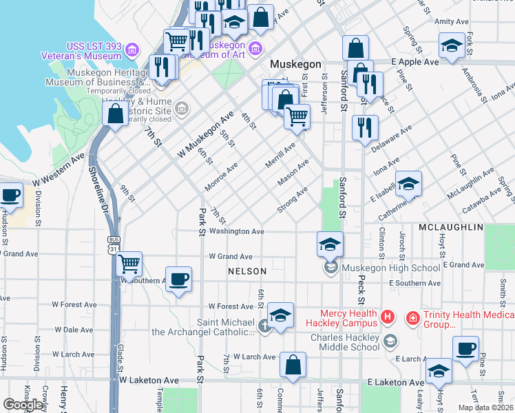map of restaurants, bars, coffee shops, grocery stores, and more near 333 Mason Avenue in Muskegon